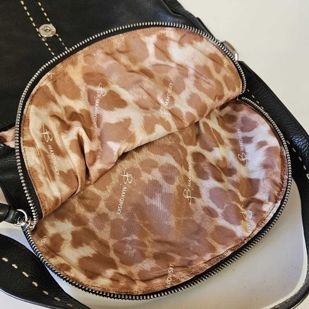 B. Makowsky Black Leather Contrast Stitching Top Flap Hobo Shoulder Bag